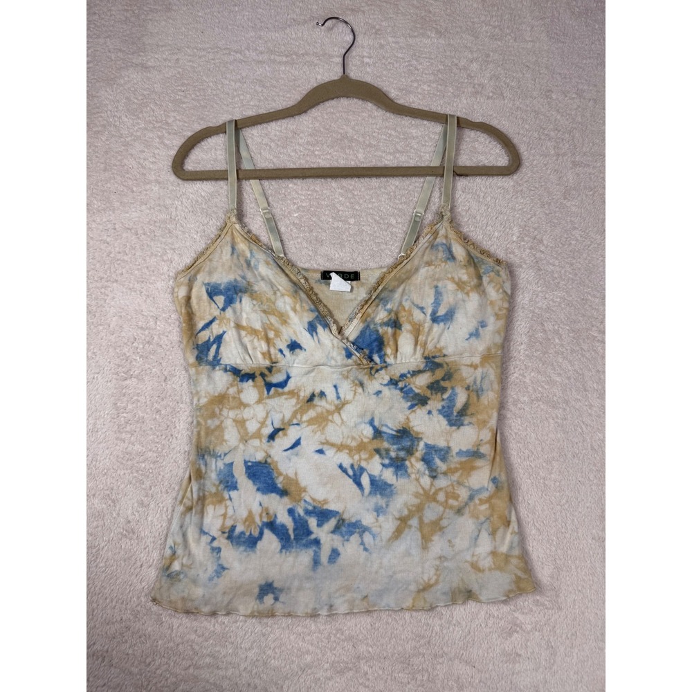 Verde Camisole Women L Blue Tan Y2K babydoll Tie Dye Lace Trim Boho Tank Top USA